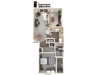 A floor plan of a two-story apartment with a living room, kitchen, and bedrooms.