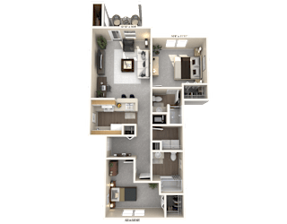 A 3D floor plan of an apartment with dimensions and room labels.