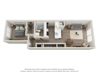 1-Bed/1-Bath, Peony Floor Plan at Hillside Apartments, Wixom, MI, 48393