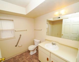 a bathroom with a toilet and a sink and a mirror  at Hurwich Farms Apartments, South Bend