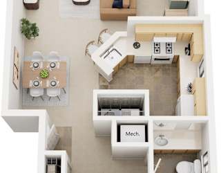 One Bedroom One Bath End 3D Floorplan at Hurwich Farms Apartments, Indiana