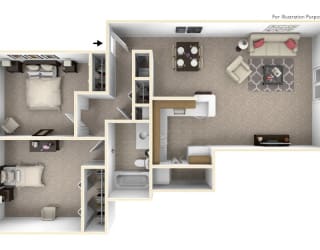 2-Bed/1-Bath, Lotus Floor Plan at The Harbours Apartments, Michigan