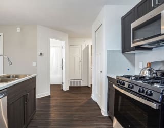 a kitchen with a sink and a stove and a microwave at Meadowbrooke Apartment Homes, Grand Rapids, Michigan