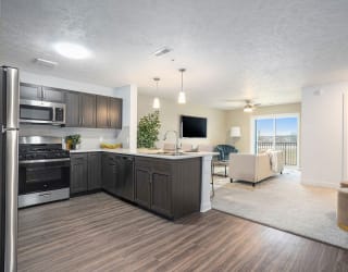 a kitchen and living room with a view of a living room at Meadowbrooke Apartment Homes, Grand Rapids, MI