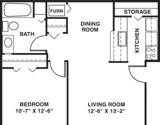 One bedroom alpine 2D floor plan at Old Monterey Apartments, Missouri, 65807