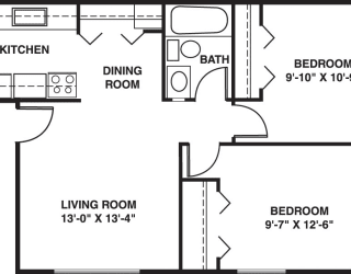Two bedroom spanish 2D floor plan at Old Monterey Apartments, Missouri, 65807
