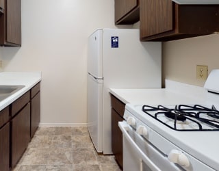 traditional kitchen with a gas stove at Newport Village Apartments, Portage, MI