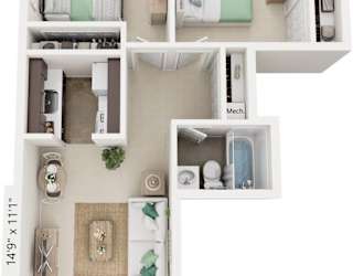 Two Bedroom One Bath 3D Floor Plan at Newport Village Apartments, Portage, MI