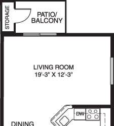 One bedroom end 2D floor plan at North Pointe Apartments, Elkhart, IN, 46514