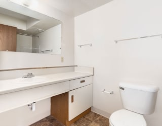 a bathroom with a toilet sink and a mirror  at Oak Shores Apartments, Oak Creek, 53154