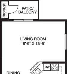 One bedroom end 2D floor plan at Oak Shores Apartments, Oak Creek