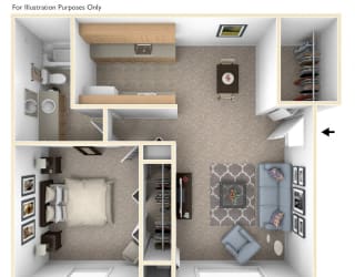 One Bedroom Floor Plan at Seville Apartments, Kalamazoo, Michigan