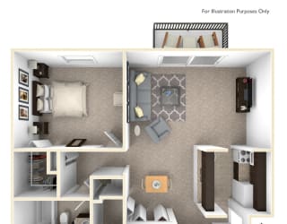 1-Bed/1-Bath, Orchid View Floor Plan at Eastgate Woods Apartments, Batavia
