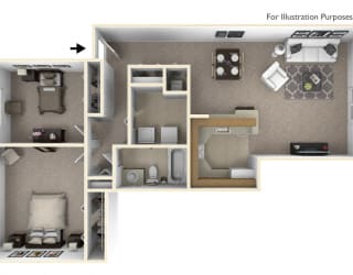 2-Bed/1-Bath, Petunia Floor Plan at Portsmouth Apartments, Novi, MI