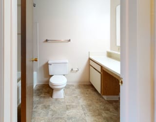 a bathroom with a toilet and a sink  at Pine Knoll Apartments, Battle Creek, 49014
