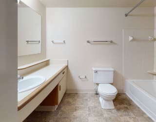 a bathroom with a toilet and a sink and a tub at Pine Knoll Apartments, Michigan, 49014