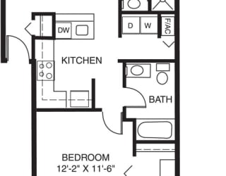 Two bedroom two bath 2D floor plan at Pine Knoll Apartments, Battle Creek