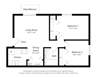 2 Bedroom Floor Plan at Rivers Edge Apartments, Waterford Twp, MI