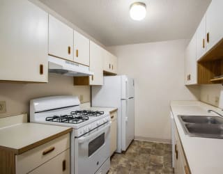 galley style kitchen at Seville Apartments, Kalamazoo, Michigan