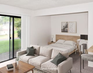 living room with slider to private patio at Seville Apartments, Kalamazoo, 49009