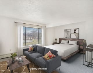 studio living room view at Seville Apartments in Kalamazoo, MI 49009