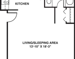 Studio 2D floor plan at Seville Apartments in Kalamazoo, MI