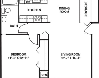 One bedroom 2D floor plan at Seville Apartments in Kalamazoo, MI