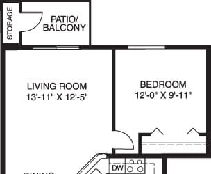 Two bedroom one bath stackable 2D floor plan at South Bridge Apartments, Fort Wayne, IN, 46816