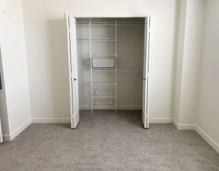bedroom with a closet with organizers and plush carpeting at Stoney Pointe Apartment Homes, Kansas