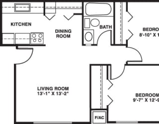 Two bedroom 2D floor plan at Swiss Valley Apartments, Wyoming, MI