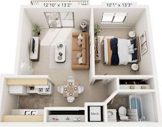 One Bedroom 3D Floor Plan at Swiss Valley Apartments, Wyoming, MI