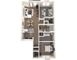 The Benton - 2 BR 1 BA Floor Plan at River Crossing Apartments, Missouri
