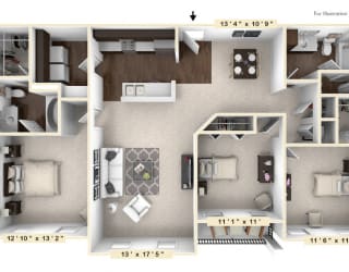 The Burgundy - 3 BR 2 BA Floor Plan at Bella Vista Apartments, Indiana, 46038