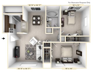 The Cove - 2 BR 1 BA Floor Plan at Bay Pointe Apartments, Indiana, 47909
