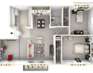 The Reef - 2 BR 1 BA Floor Plan at Scarborough Lake Apartments, Indiana, 46254