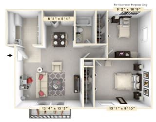 The Reef - 2 BR 1 BA Floor Plan at Scarborough Lake Apartments, Indiana, 46254