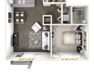 The Tensley - 1 BR 1 BA Floor Plan at Bella Vista Apartments, Indiana, 46038