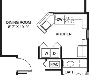 One bedroom end 2D floor plan at Tall Oaks Apartment Homes, Kalamazoo, MI, 49009