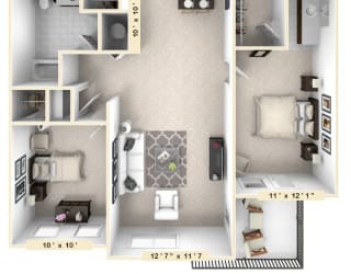 A floor plan of a 2 bedroom apartment with a kitchen, living room, and bathroom.