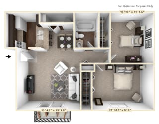 A floor plan of a 2-bedroom apartment with a kitchen, living room, and two bedrooms.