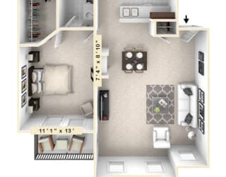 A detailed 3D floor plan of a three-bedroom apartment.