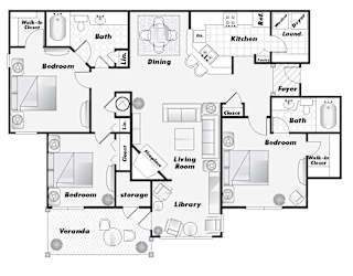 A floor plan of a house with labeled rooms such as Bedroom, Bath, Kitchen, Living Room, and Dining.
