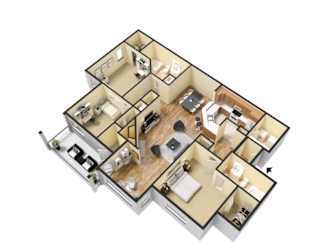 A 3D floor plan of a house with multiple rooms.