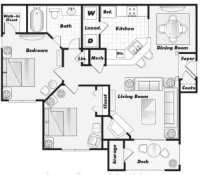 A floor plan of a house with a living room, dining room, kitchen, and bedrooms.