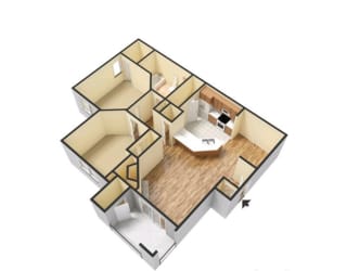 A 3D floor plan of a house with a kitchen, living room, and two bedrooms.