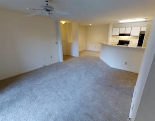 A room with a ceiling fan and carpeted floor.