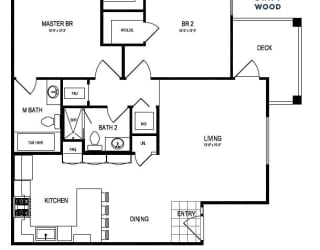 2 Bedroom 2 Bath Floor Plan Layout - 1073 Square Feet  at Driftwood, San Diego, 92109