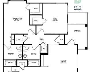 2 Bedroom 2 Bath Floor Plan Layout - 1073 Square Feet  at Driftwood, San Diego, CA