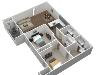 2 bed 2 bath 3d floor plan at Gateway Apartments, Washington, 98802