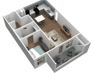 One 1 bath 3d floor plan at Gateway Apartments, Washington